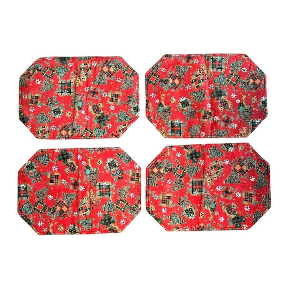 Vintage Christmas Placemats Tree Teddy Bear Snowflakes Holly Red Set of 4 Cloth